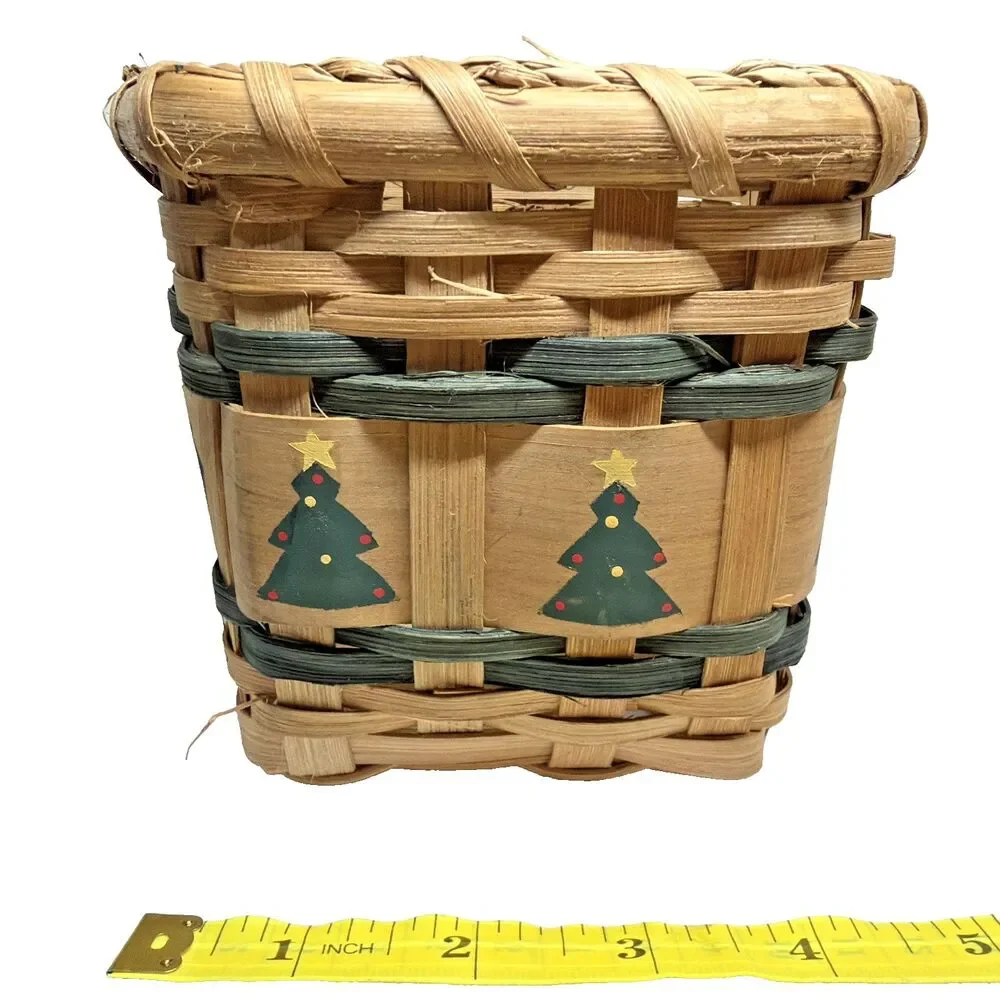 Vintage Hand-Woven Splint Wood Holiday Basket - Hand-Painted Christmas Trees